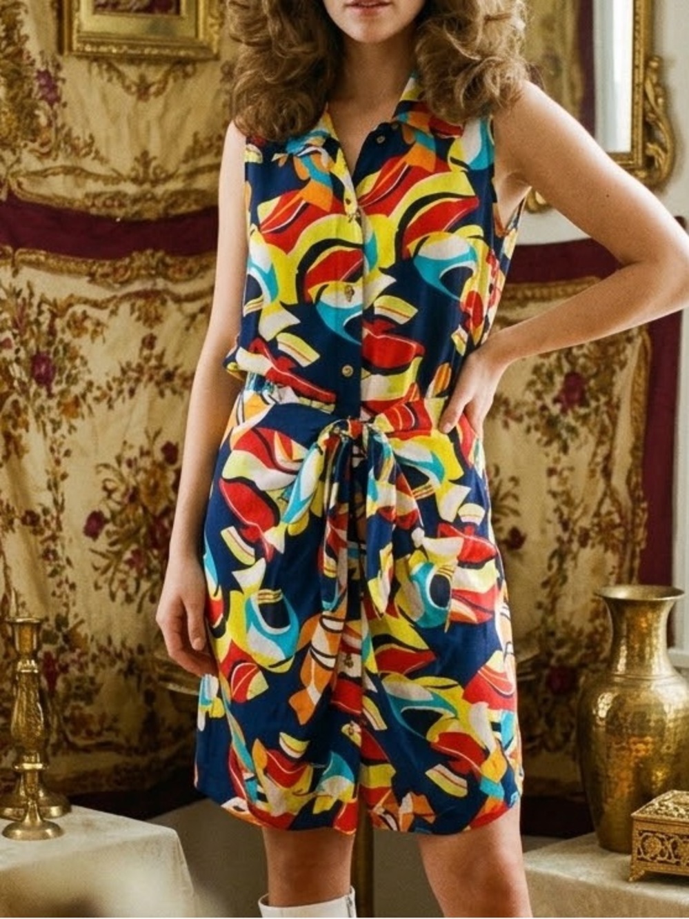 Vintage 80s Emanuel Ungaro 100% Silk Geometric Print Dress Gold Buttons Sz 12/46